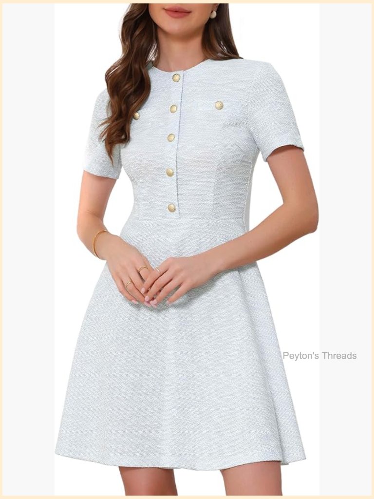 Plaid Tweed Button Up Round Neck Short Sleeve A-Line Mini Dress
